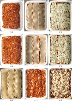 six different types of lasagna casserole in pans