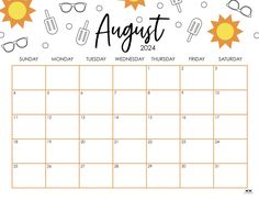 an august calendar with the sun and sunglasses on it