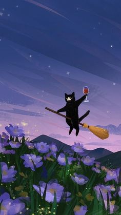 a black cat flying through the air with a broom and wine glass in it's hand