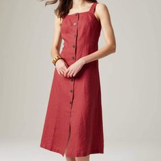 Fits On The Shoulder And Close To The Body. We Recommend Purchasing Your Typical Size For A Slimmer Fit Or Sizing Up For A More Relaxed Fit. Designed In 100% Linen, Our Midi Dress Feels Softer With Every Wash And Wear. We've Added A Full Button-Front Closure, An Apron-Style Neckline And A Fitted Bodice For Added Femininity. You'll Love How The Fit-And-Flare Shape Feels Fresh For Summer With Sneakers, Flats Or Sandals. Elasticized At Back. 100% Linen Woven Machine Wash Cold With Like Colors, Only Red A-line Midi Dress With Buttons, Red Spring Dresses With Button Closure, Red Midi Dress With Button Closure, Red Summer Dress With Button Closure, Red Buttoned Midi Dress For Spring, Spring Red Midi Dress With Buttons, Casual Red Linen Dress, Red Buttoned Midi Dress For Summer, Red Summer Midi Dress With Buttons