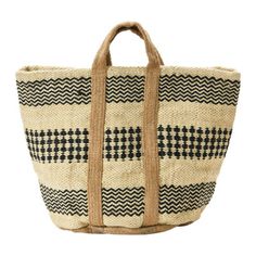 Modern Boho Woven Jute Storage Tote Bag or Planter with Waterproof Liner. Modern jute storage tote is the perfect catchall bag combining unexpected bohemian design with function. Features a water-proof liner making it perfect for displaying large plants, note that these do not have drain holes. Tote measures 17"H x 24" W; Handle measures: 4.75” H. Color: Black/Cream/Brown | Union Rustic Kanard Woven Jute General Basket in Black / Brown | 17 H x 24 W x 24 D in | Wayfair | Organization Contemporary Pattern, Decorative Storage Baskets, Storage Tote, Jute Totes, Michael Store, Tote Storage, Bohemian Design, Boho Look, Jute Bags