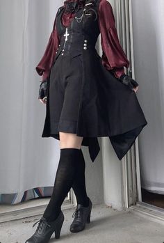 Male Villan Outfit, Red Black Clothes, Coattails Jackets, Person Sitting With Legs Dangling, Decopunk Aesthetic Fashion, Goth Fancy Outfit, Soft Victorian Aesthetic Outfits, Suit And Dress Combo, Cute Vampire Outfit