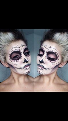 Maybe put a patch of white in the front of your hair? Makijaż Sugar Skull, Sugar Skull Makeup Tutorial, Skull Makeup Tutorial, Jamie Genevieve, Halloween Makeup Sugar Skull, Halloween Make-up Looks, Halloweenský Makeup, Dead Makeup, Den Mrtvých