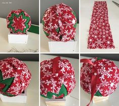 four pictures of how to make a paper snowflake ornament with ribbon