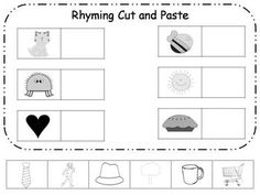 the printable worksheet for rhyming cut and pastee with pictures