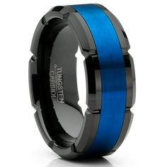 a black and blue wedding ring with an inlay