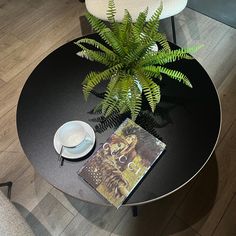 a table with a book, cup and saucer on it next to a plant