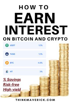 stacks of coins with the words how to earn interest on bitcoin and crypt