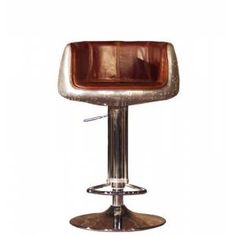 a brown leather bar stool with chrome base and footrests on an isolated white background