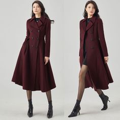 ★★ Welcome to my Ylistyle's shop！！！ This burgundy long wool coat, features a waist-cinching design to perfectly show off your figure.  Wear it in autumn and winter to keep you warm and comfortable. Made of high-quality fabric, giving you a good touch and very comfortable to wear. ★★FEATURES 50% wool, 50% fiber nylon polyester Polyester lining Two Side pockets Buttons closure Long wool coat Fit and flare coat Vintage wool coat Princess coat Oevrcoat For autumn & winter Dry clean More color        https://rb.gy/5h4pol ★★ The model's height approx 170 cm (5′ 7″) with the 84 cm (33") bust, 66 cm (26") waist. She is wearing the wool coat in size XS (US2) ★★ Please select custom order according to the follow situation Can't find your size Your height is over 175cm Your weight is over 75kg Reques Purple Long Coat For Formal Occasions, Burgundy Long Sleeve Business Outerwear, Formal Purple Long Coat, Long Purple Winter Outerwear, Purple Business Outerwear For Fall, Business Fall Purple Outerwear, Elegant Purple Wool Outerwear, Burgundy Long-sleeved Outerwear For Office, Purple Long Sleeve Outerwear For Business