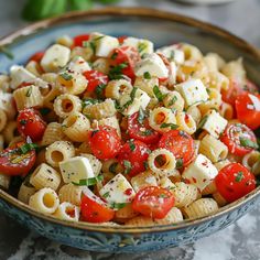 a bowl full of pasta salad with tomatoes, cheese and parsley on the side