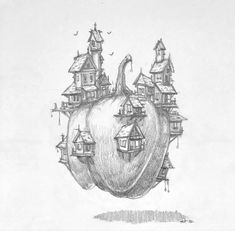 a drawing of a pumpkin with houses on it