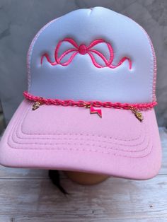 Embroidered bow pink and white foam trucker hat mesh back with snap closure Cheap Pink Hats With Embroidered Logo, Custom Embroidered Hats, Embroidered Bow, Embroidery Baseball, Personalized Hats, Stoney Clover, Hat Embroidery, Embroidered Hat, Embroidered Hats