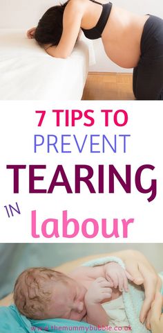 a woman in black shirt holding a baby on bed with text overlay that reads 7 tips to prevent tearing in labor