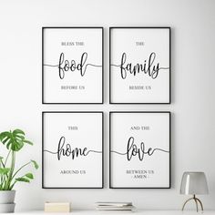 four black and white wall art prints with the words family, home, and between us