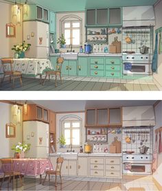 two different views of a kitchen and dining room