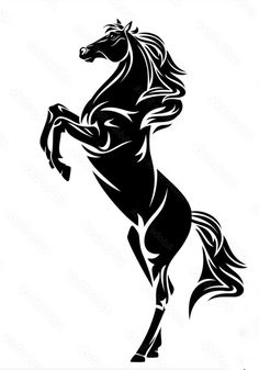 a black and white silhouette of a horse on its hind legs, with the tail spread out