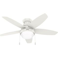 a white ceiling fan with a light on the top and two blades attached to it