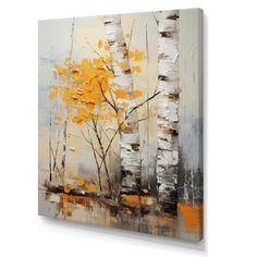 an abstract painting of yellow and white trees in the fall with leaves on it's branches