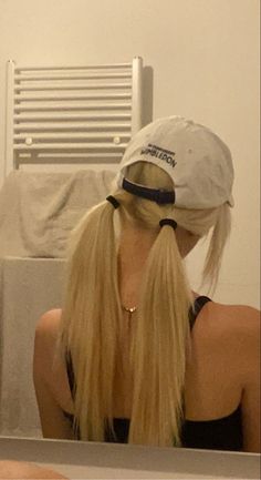 Hat With Pigtails Hair, Tennis Visor Hairstyles, Hairstyles For Work With Hat, Hairstyles With Hats For Work, Work Hairstyles With Hat, Work Hat Hairstyles, Cute Visor Hairstyles, Pigtails With Hat, Hairstyles With Visors For Work