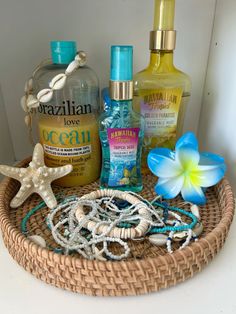 the basket is filled with various items such as bracelets, necklaces and bottles