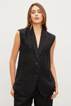 BETHAN HEAVY LINEN SLEEVELESS BLAZER Tailored Linen Spring Vest, Tailored Linen Vest For Spring, Tailored Linen Vest For Summer, Tailored Sleeveless Linen Vest, Spring Formal Linen Vest, Chic Linen Vest, Sleeveless Blazer With Pockets For Work, Elegant Summer Blazer With Pockets, Elegant Linen Vest For Workwear