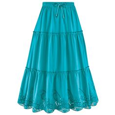 This Tiered Skirt Features An Intricate Eyelet Lace Border Along The Flounced Hem, And An Elasticized Waistband With Beaded Drawstrings. Approx. 36"L. Machine Wash. Cotton; Imported. Choose: Turquoise Or Plum. Available In: M(10-12), L(14-16), Xl(18-20) Or Xxl(22-24). Turquoise Skirt, Hairstyles Quick, Weekend Fashion, Modest Clothes, Ruffle Maxi Skirt, Hacks Clothes, Tiered Maxi Skirt, Collections Etc, Womens Maxi Skirts