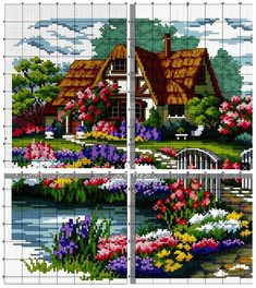 four different pictures of flowers and houses