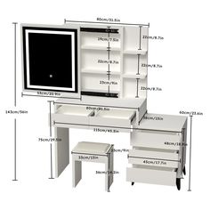 a white computer desk with drawers and a monitor on it's side, measurements