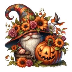 an image of a gnome with flowers and pumpkins