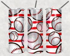 three red and white baseball themed tumblers with straws in them on a gray background