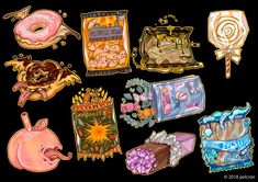 an image of some food items on a black background in watercolor and pencils