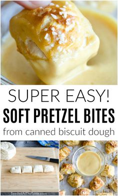 the recipe for soft pretzel bites is shown in this collage with text that reads, super easy soft pretzel bites from canned biscuit dough