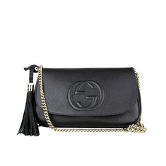 Made of Leather, Flap closure, Light gold hardware, Black leather tassel; Embossed interlocking G, One slip pocket, One zip pocket; Handle drop 4 inches; Measurements: 11 L x 7 H x 6 2.5 W inches; Shoulder strap drop 21 inches; Original Gucci tags, dust bag and authenticity cards included; Made in Italy Made of Leather, Flap closure, Light gold hardware, Black leather tassel Embossed interlocking G, One slip pocket, One zip pocket; Handle drop 4 inches Measurements: 11 L x 7 H x 6 2.5 W inches; G One, Gucci Soho, Gucci Soho Disco, Flap Shoulder Bag, Chain Crossbody Bag, Black Crossbody, Leather Tassel, Perfect Bag, Leather Chain