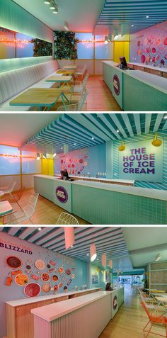 two pictures of the inside of a restaurant with colorful walls and ceilinging, along with an ice cream parlor