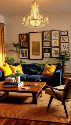 a living room with blue couches and pictures on the wall above them, along with a coffee table