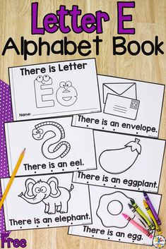 the letter e alphabet book with pictures of animals and letters