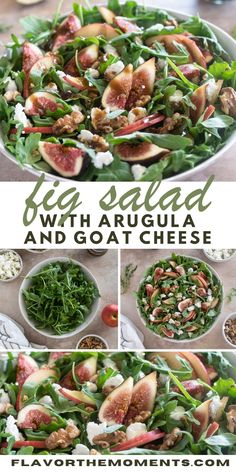 a salad with arugula and goat cheese is shown in three different pictures, including the