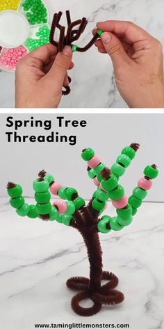 someone is making a spring tree out of paper plates and pipe cleaners to make the branches look like they are made from yarn