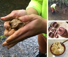 there are pictures of people working in the garden and on the ground, with plants growing out of clay pots