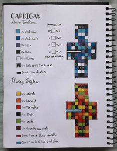 a notebook with an image of a cross made out of colored squares and words on it