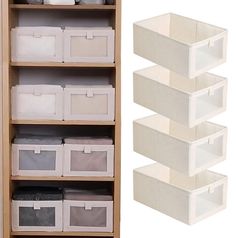 three shelves with bins on each shelf