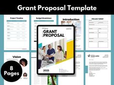 a group of people standing in front of a giant poster with the words grant proposal on it