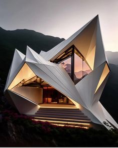 a white building with stairs leading up to it's entrance and the mountains in the background