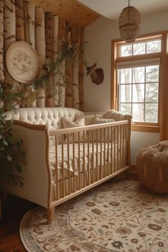 a baby's room with a crib, rocking chair and deer head on the wall