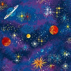 a space scene with stars and planets in the sky, on a purple background that looks like it has been made out of paper