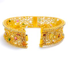 PRODUCT DETAILS Gold Purity(karat): 22k Item Weight(grams): 46.7 Item Finish: Yellow Gold Stone: Polki Diamond Diamond Weight(carats): 10.55ct Accented Stone: Tourmaline Stone Weight: 6.44ct Bangle Size: 2.4 Bangle Opening: 2.25" Openable: Yes, Hinge w/ Screw Luxury Gold Cuff Bracelet With Multi-stones, Luxury Gold Multi-stone Cuff Bracelet, Elegant Gold Bangle With Multi-stone Details, Elegant Gold Bangle With Multi-stone, Yellow Gold Multi-stone Bangle For Wedding, Yellow Gold Multi-stone Wedding Bangle, Traditional Gold Cuff Bracelet With Gemstone, 22k Gold Bangles, Yellow Gold Bangle