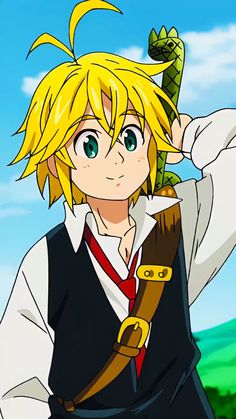 an anime character with blonde hair wearing a black vest and holding a snake on his shoulder