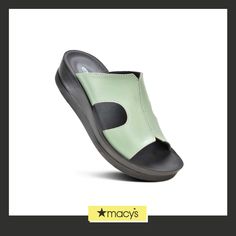 in stock Green Sandals With Ortholite Insole, Green Open Toe Sandals With Arch Support, Green Cushioned Slip-on Wedge Sandals, Green Open Toe Slides With Arch Support, Slide Sandals, Pick Up, Buy Online, In Store, Sandals