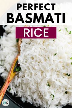 white rice in a black bowl with the words perfect basmati rice on it